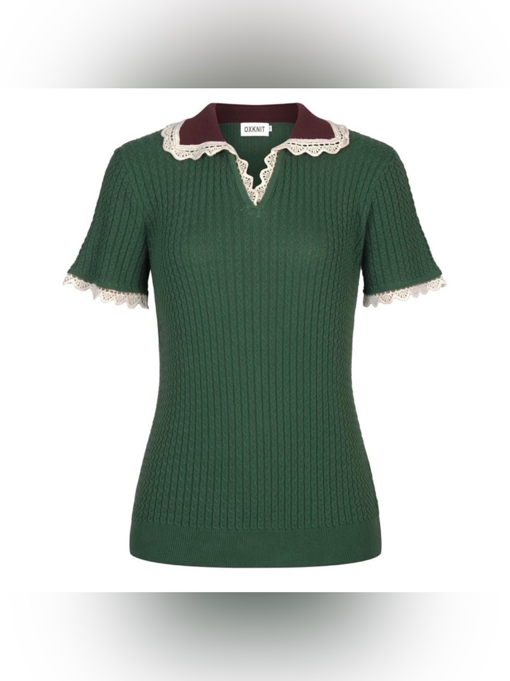 OXKNIT POLO TOP GREEN CABLE KNIT LACE TRIM SHORT SLEEVE SWEATER GRANNYCORE SZ MD